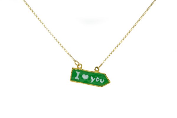 Collana con cartello stradale sfondo verde con scritta I love you